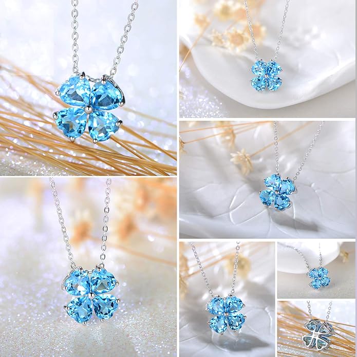 JIANGXIN Colorful Birthstone 925 Sterling Silver Handmade Pendant Necklace for Women Lucky Four Leaf Clover Plant Shamrock Jewelry Rhodium Plated
