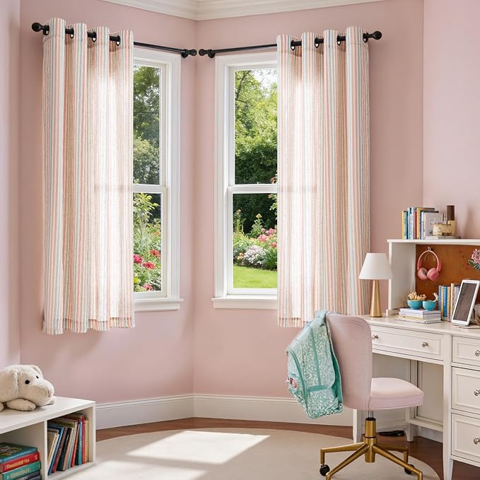 Vangao Linen Stripe Nursery Curtains for Kids Tickingstripe Light Filtering Window Curtains Colorful Pink Pinstripe Printed Drapes 63 Inches Long for Living Room Girls Bedroom Dorm 2 Panels