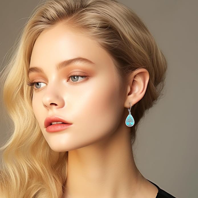 Dangle Earrings Sterling Silver Moonstone/Turquoise/CZ/Crystal Earrings for Women Tree of Life Animal Filigree Leverback Earrings Jewelry Gifts