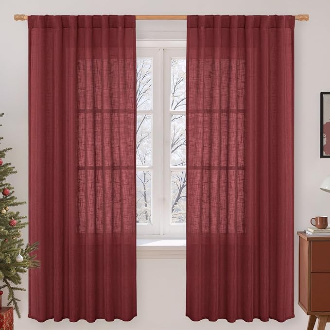 LAMIT 72 inch Red Linen Curtains for Living Room 2 Panels, Linen Textured Light Filtering Semi Sheer Back Tab and Rod Pocket Curtain Panels for Bedroom/Farmhouse, Burgundy Red, 52 x 72 Inch