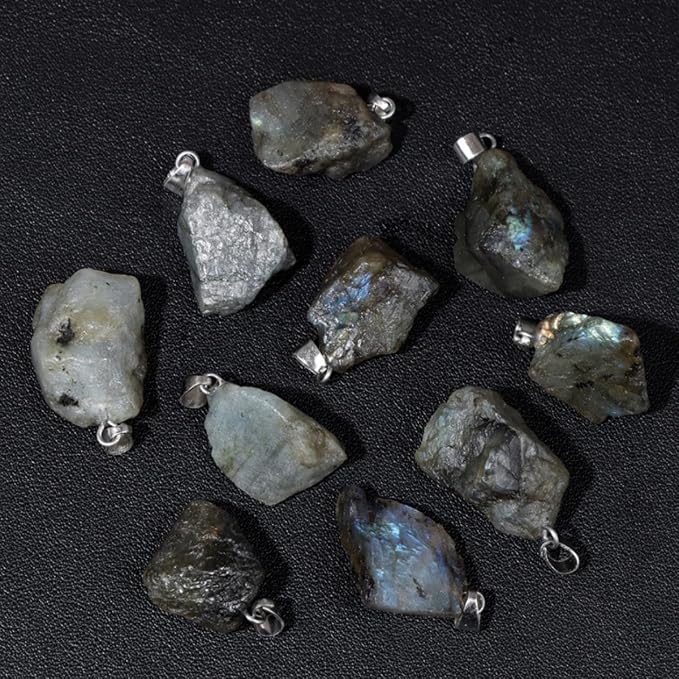 10pcs Irregular Raw Natural Labradorite Rock Stone Pendant Healing Crystal Chakra Gemstone Charm for Jewelry Making DIY Necklace Earrings Accessories Reiki