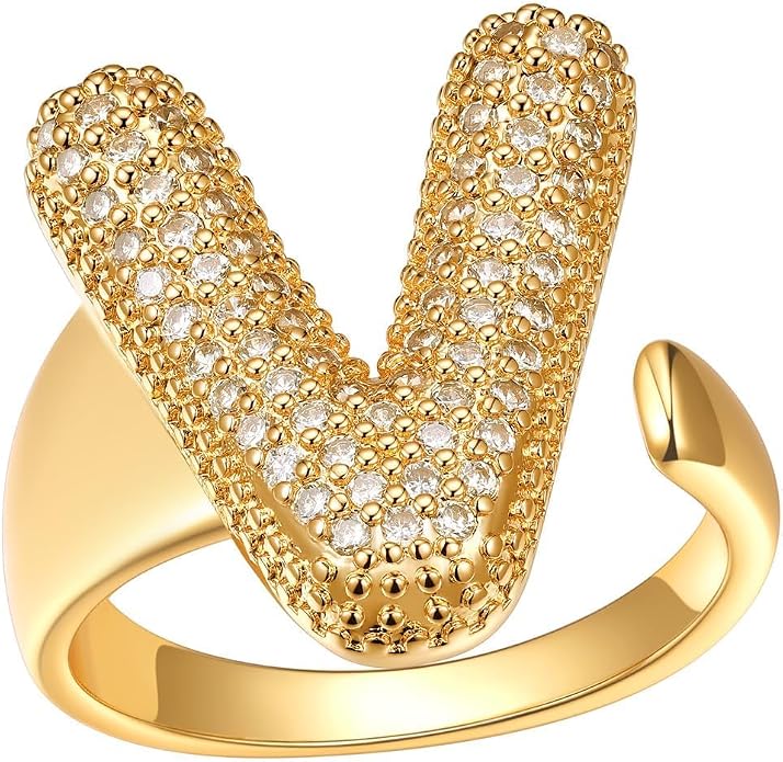 FindChic Initial Ring for Women, Gold Plated Chunky Letter Rings Open Adjustable Trendy Sparkling Cubic Zirconia Personalized Statement Rings Jewelry Gift