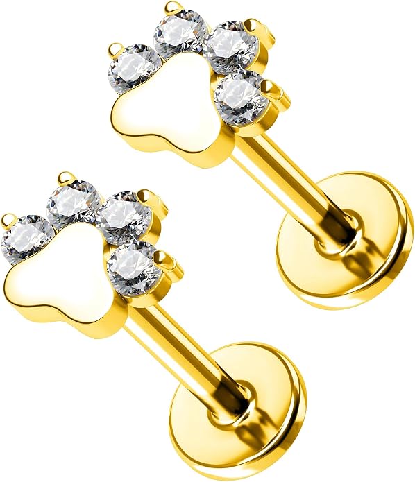 Paw Print Threaded Flat Back Earrings Set by Ginger Lyne – 14K Gold over Sterling Silver – CZ Body Jewelry – Cartilage Helix Lobe Tragus Studs or Nose Piercing – 2 Piece Set