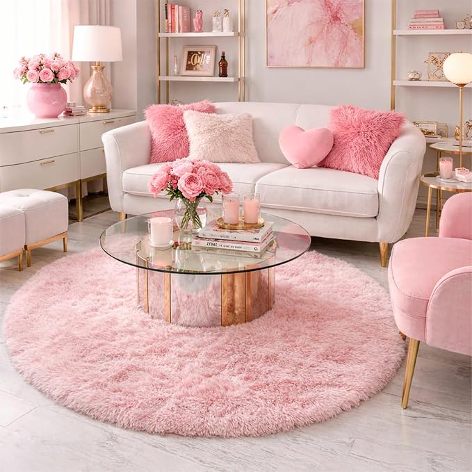 Pink Round Area Rugs 6Ft for Nursery Kids Bedroom, Large Fluffy Shag Circle Rug for Playroom Living Room, Cute Preppy Room Decor for Baby Teen Girls, Cozy Fuzzy Furry Plush Carpets for Dorm Classroom