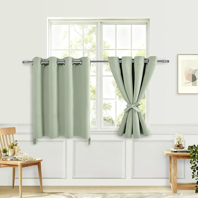 Hiasan RV Blackout Curtains for Bedroom, 52 x 36 Inches Long - Thermal Insulated & Light Blocking Window Curtains for Living Room/Kids Room, 2 Drape Panels Sewn with Tiebacks, Seafoam Green