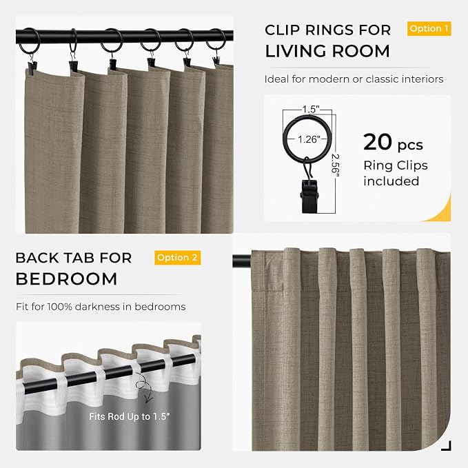 INOVADAY 100% Blackout Curtains for Bedroom, Faux Linen Black Out Curtains 84 Inch Long, Clip Rings Linen Blackout Drapes, Thermal Insulated Room Darkening for Living Room, 2 Panels - W50xL84