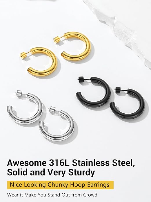 Stainless Steel Chunky Hoop Earrings For Women, Minimalist and Chic, Black/Gold Plated, Round Hoops Earrings Hypoallergenic, Size: 30mm/40mm/60mm/80mm, Come with Box