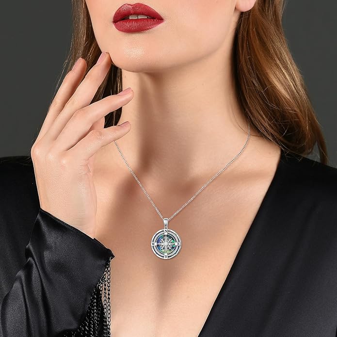 925 Sterling Silver Compass Moonstone Pendant Necklace Celtic Knot Abalone Shell Necklace Jewelry Gift for Women