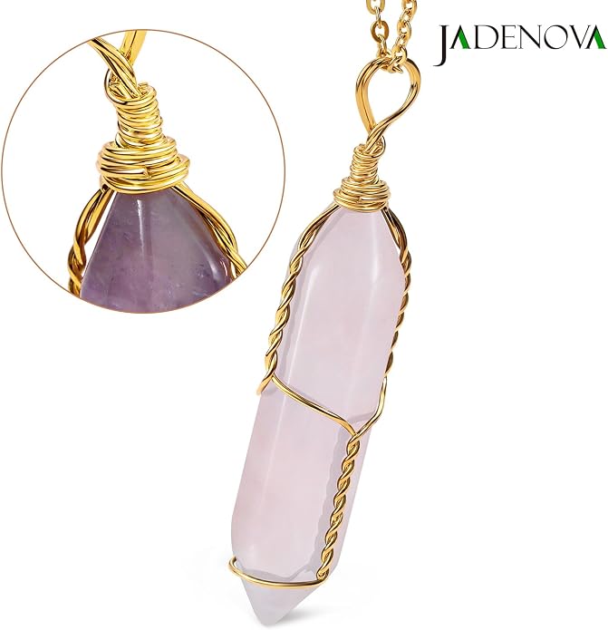 JADENOVA Full Wire Wrapped Energy Healing Crystal Gemstone Pendant Necklace 18" Stainless Steel Chain