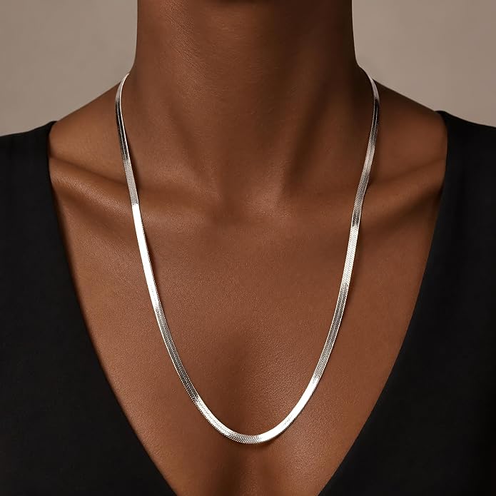 WomenGifts 14K Gold Silver Plated Herringbone Necklace for Women, Dainty Snake Chain Choker, Trendy Simple Long Layered Jewelry Non Tarnish, 3/4/5/8mm,14,16,18,20,22,24,26 Inch Thin & Chunky Options