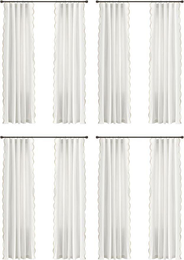 Lush Decor Coastal Chic Scalloped Edge Light Filtering Window Curtain Panels Pair, 52" W x 84" L, Neutral & White - White Curtains for Living Room - Coastal Decor (Pack of 8)