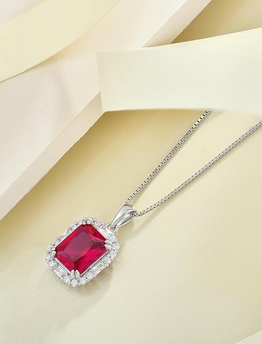 Princess Cut Necklaces for Women, 925 Sterling Silver Emerald Cut Birthstone Pendant Necklace Halo Square Rectangle Jewelry Gifts for Her