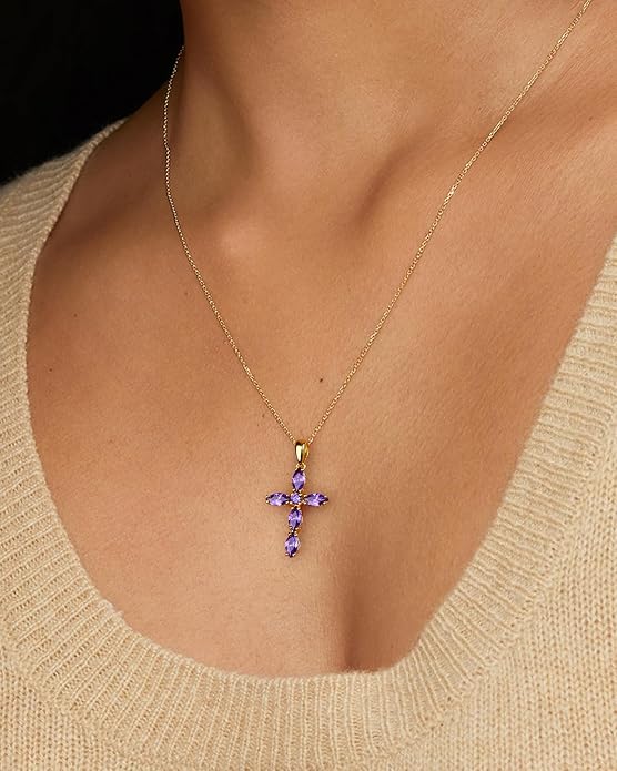 14K Gold Plated 925 Sterling Silver Birthstone Cross Necklace for Women Men