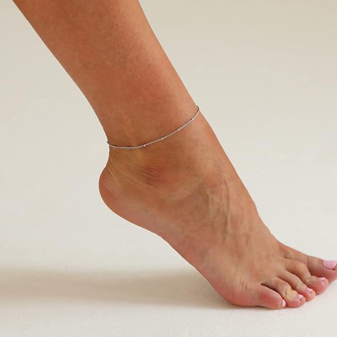 Dainty Ankle Bracelets for Women 18K Gold Plated Satellite Beaded Herringbone Lip Chain Anklets Simple Minimalist Summer Beach Foot Jewelry Christmas Gifts