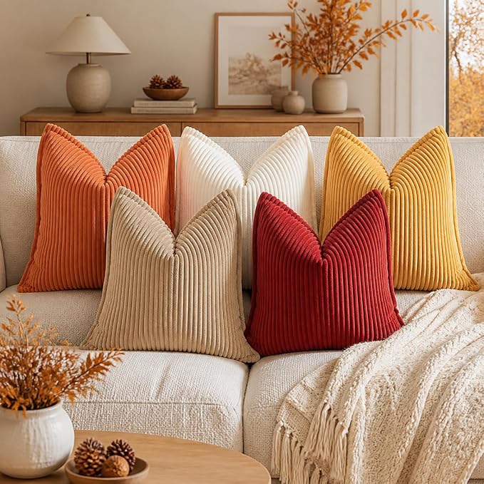 decorUhome Fall Corduroy Rust Throw Pillow Covers 16x16 Set of 2 | Couch Decorative Soft Modern Boho Farmhouse Pillow Covers Broadside Striped Pillow Cases for Living Room Bed Sofa