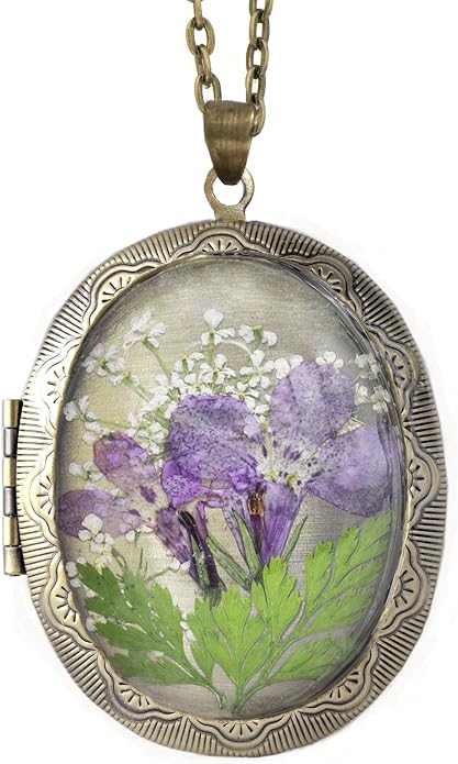 Handmade Oval Shaped Photo Locket with dried Pressed Flowers Locket pendant Necklace