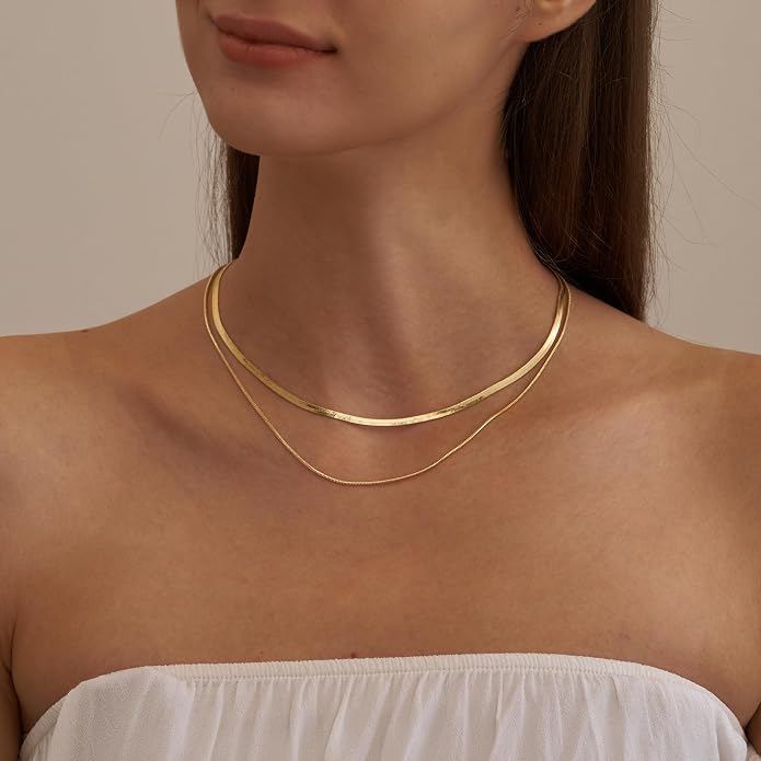 NECOCY 14K Gold Plated Necklaces for Women, Dainty Gold Herringbone Choker Necklace Thin Layered Snake Chain Jewelry for Gifts