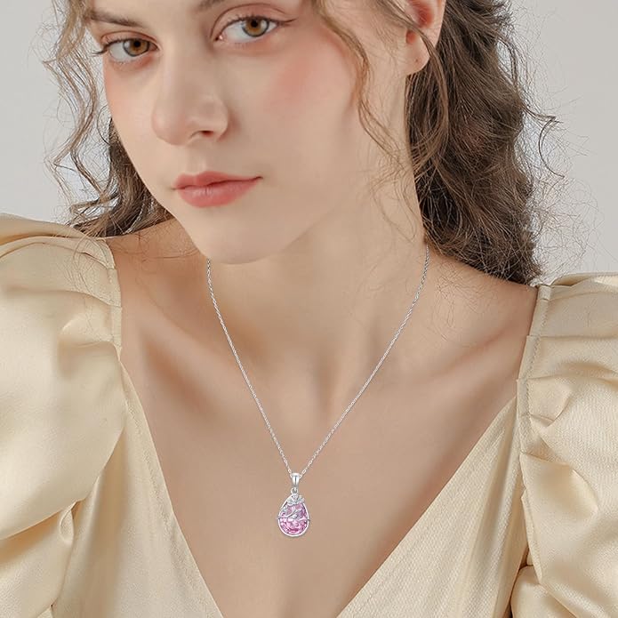 925 Sterling Silver Birth Flower Necklace with Teardrop Shaped Birthstone - 12 Colors, 12 Kinds of Flower - Ideal Birthday Jewelry Gift for Women, Mothers, Daughters & Wives