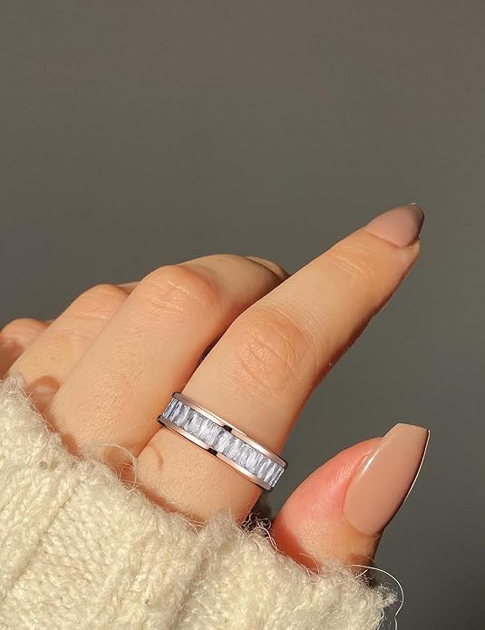 King Will 6mm 316L Stainless Steel Eternity Ring for Women, Colorful Baguette-Cut Cubic Zirconia Stackable Band, Pipe Cut Anniversary Engagement Ring Comfort Fit, Size 6-10