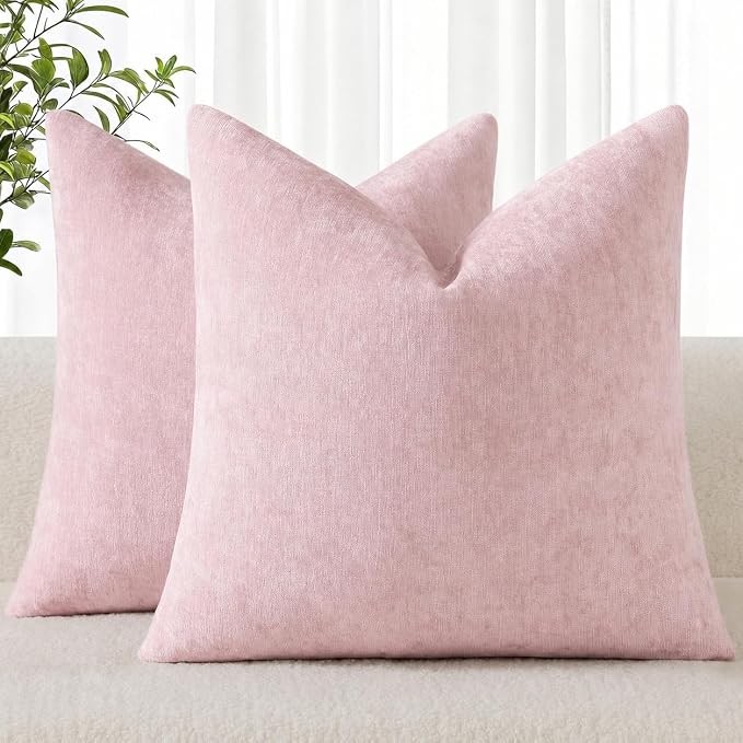 decorUhome Soft Chenille Blush Pink Throw Pillow Covers 20X20 Set of 2 | Decorative Fall Couch Pillow Covers Solid Dyed Accent Modern Farmhouse Neutral Square Pillow Cases for Sofa