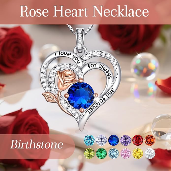 Birthstone Heart Necklaces for Women 925 Sterling Silver Fine Jewelry Rose Pendant Necklace Anniversary Birthday Mothers Day Gifts Her Wife Women Mom Daughter