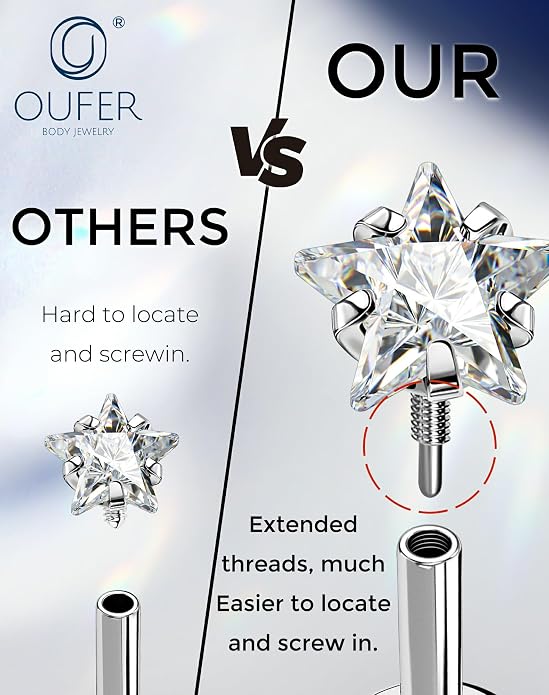OUFER 18G 6/7/8MM Flat Back Cartilage EarRings-3PCS Gold Titanium Extended Internally Threaded Lip Piercing 2/3/4MM Round Clear CZ Helix Piercing Jewelry