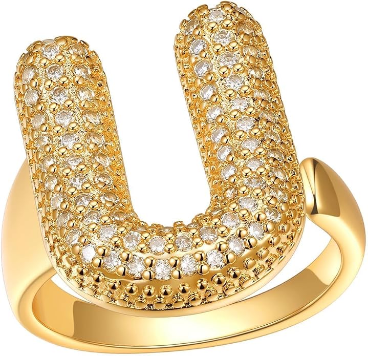 FindChic Initial Ring for Women, Gold Plated Chunky Letter Rings Open Adjustable Trendy Sparkling Cubic Zirconia Personalized Statement Rings Jewelry Gift