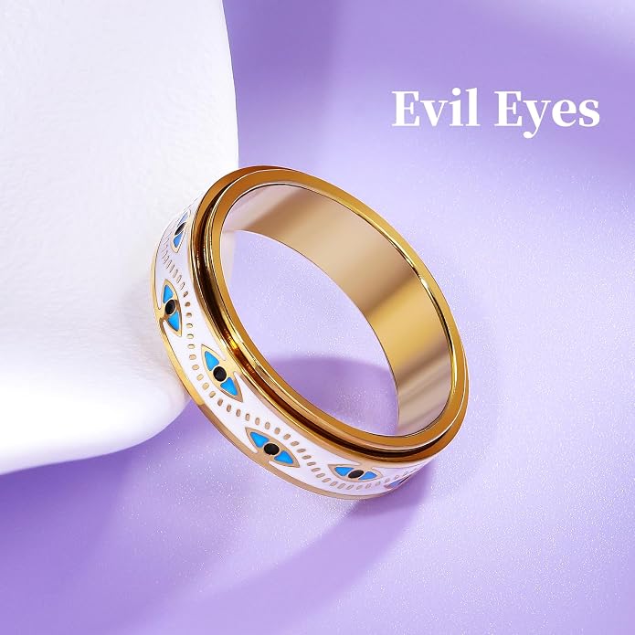 Evil Eye Fidget Ring for Women - Anxiety Relief Spinner Jewelry,18K Gold Plated Stainless Steel Turkish Ojo Turco Protection Rings Gift for Adults