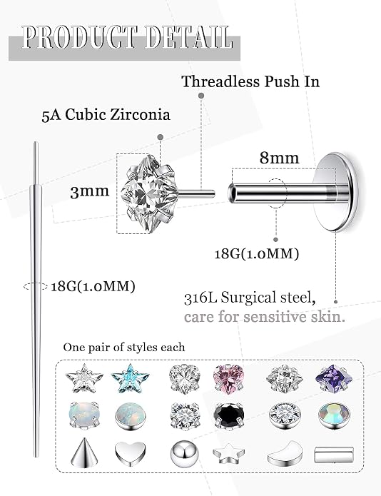 20G 18G 16G 14K Gold Filled Threadless Flat Back Earrings Studs Surgical Stainless Steel Opal CZ Nose Rings Studs Tragus Helix Conch Cartilage Earrings Piercing Jewelry For Women Men Silver