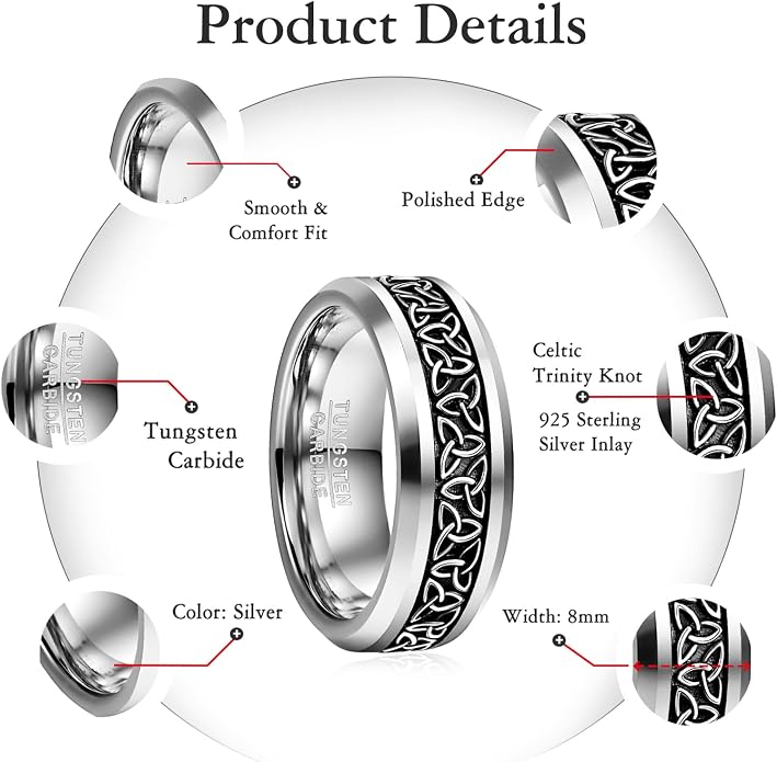 NUNCAD Personalized 925 Sterling Silver Celtic Trinity Knot Ring for Men 8mm Tungsten Carbide Triquetra Celtic Knot Wedding Band Irish Jewelry Gift Comfort Fit Size 7-12