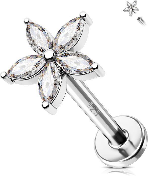Jewseen 925 Sterling Silver Flat Back Stud Earrings 16g Internally Threaded Tragus Helix Earrings Flower Lip Stud Nose Piercing Jewelry for Women Men