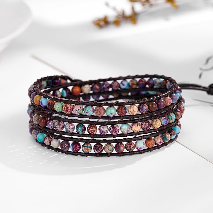 Plumiss Women Boho Handmade Natural Stone Crystal Leather Bead Wrap Bracelets Collection