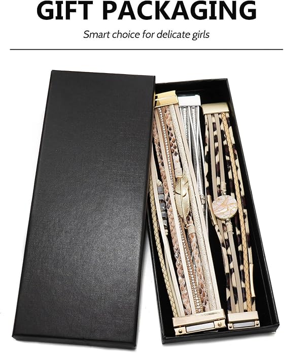 Wowanoo 3Pack Leather Cuff Bracelet Set Multilayer Wrap Bracelet Crystal Feather Tree Bracelet Magnetic Clasp Bracelet for Women