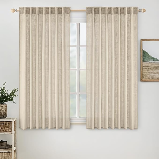 MIULEE Short Linen Curtains 45 Inch Length 2 Panels for Kitchen Bedroom Bathroom, Soft Thick Linen Textured Back Tab Window Drapes Semi Sheer Light Filtering Rod Pocket Modern Farmhouse Decor