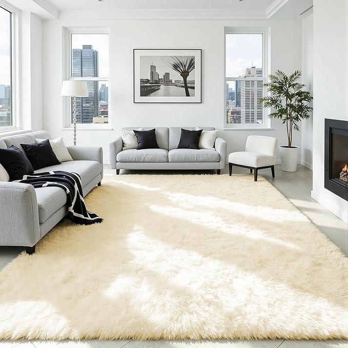 5x7 Area Rug for Living Room, Ultra Soft Fluffy Cream White Rugs for Bedroom, Non Slip Large Shag Carpet, Fuzzy Plush Nursery Rug, Thick Washable Indoor Floor Carpets for Kids Office Dorm Home Decor