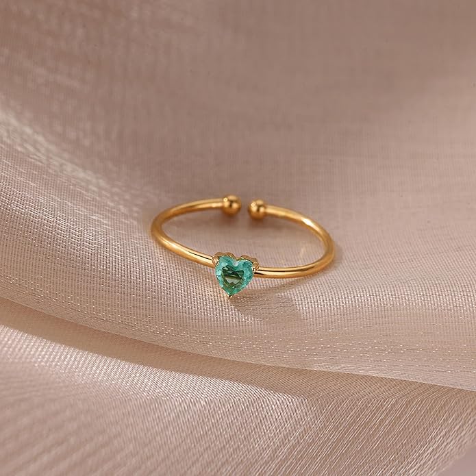Lit Wall Birthstone Rings for Women Dainty 14k Gold Plated Non Tarnish Gold Heart Rings Adjustable Size Stackable CZ Ring Gold Simulated Gemstone Rings Birthday Gifts for Women