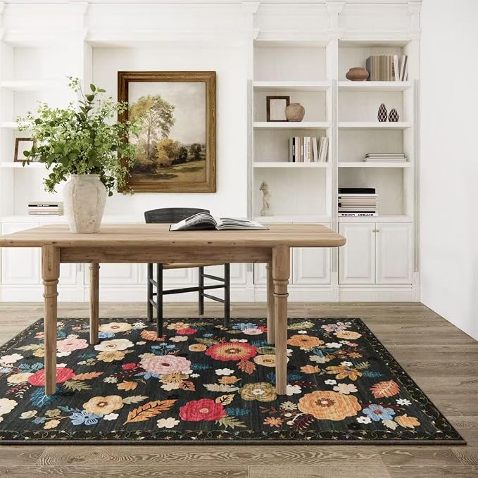 4x6 Washable Area Rugs for Bedroom: Small Living Room Rug with Non Slip Backing Low Pile Soft Faux Wool Distressed Vintage Floral Throw Rugs for Entryway Kitchen Office Nursery Entrance Enytry Indoor
