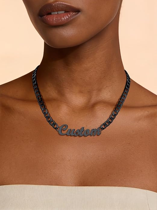 U7 Custom Name Necklaces for Women,Gold Plated/Steel/Black Nameplated Pendant Mothers Day Gift for Her Mother Family,Extendable Cuban/Rolo Chain,Gift Box Included