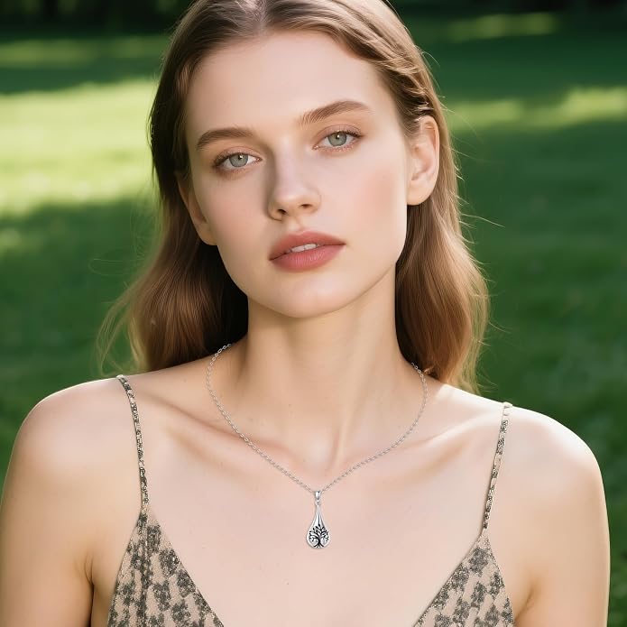 S925 Sterling Silver Teardrop Tree of Life Pendant Necklace - Elegant Symbolic Jewelry Gift for Women
