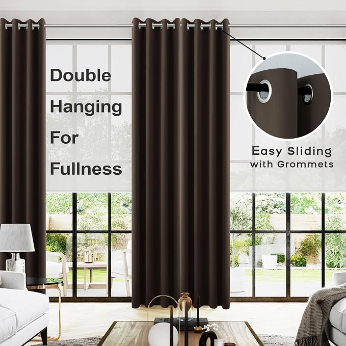 KOUFALL 108 Inch Blackout Curtains for Living Room,Dark Brown Luxury Satin Polyester Grommet Rustic Farmhouse 9FT Floot to Ceiling Curtains for Sliding Glass Door 2 Panels Set