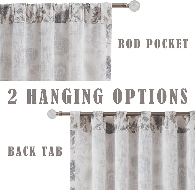 Kayne Studio Linen Grey Curtain Panels Linen Textured Botanical Leaf Print Floral Farmhouse Linen Curtain Drapes Light Filtering Window Treatments Living Room Bedroom Rod Pocket Back Tab,52"x108"x2