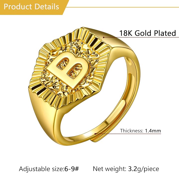 U7 Initial Ring Wedding Band for Men Women 18K Gold Plated Statement Hexagon A-Z Letter Jewelry Personalized Stackable Signet Rings