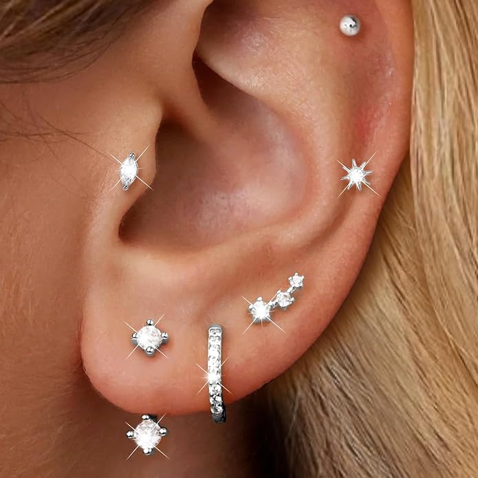 6 Pairs 14K Gold Plated Stud Earrings for Women, Hypoallergenic Cartilage Earrings for Multiple Piercing, Dainty Small Stackable Earrings Set for Jewelry Gift