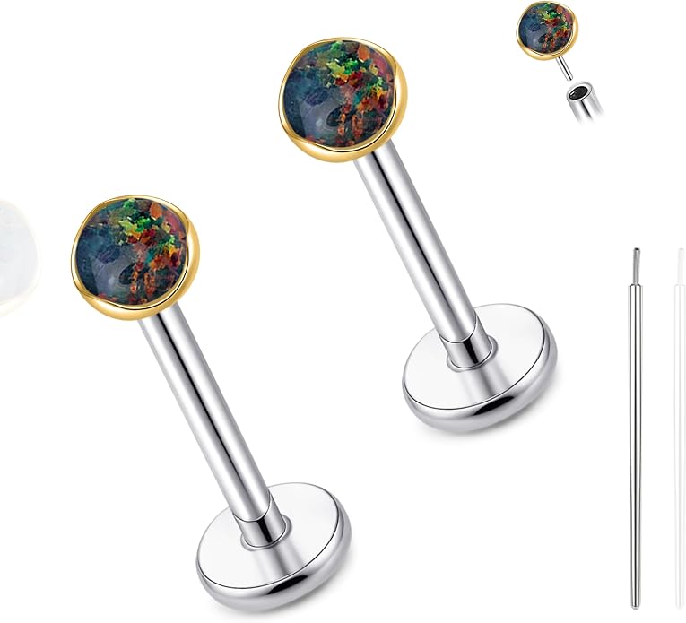limerencia 18G Hypoallergenic Titanium Opal Threadless Nose Stud Earrings, 2PC Flat Back Push in Stud Earrings Labret Medusa Monroe Helix Cartilage Tragus Conch Piercing Jewelry for Women Men