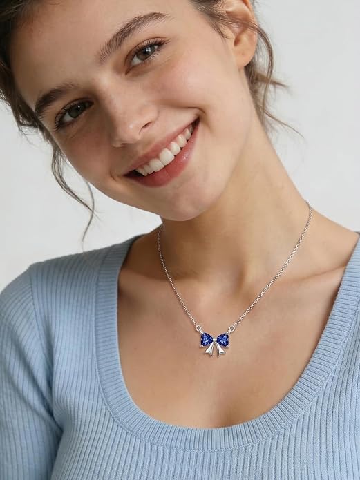 ChicSilver Bow and Cat Birthstone Necklace, 925 Sterling Silver Pendant Necklaces for Women, Hypoallergenic Silver Choker with 16 inch Rolo Chain, 12 Months Jewelry for Valentines Mothers Day Christmas