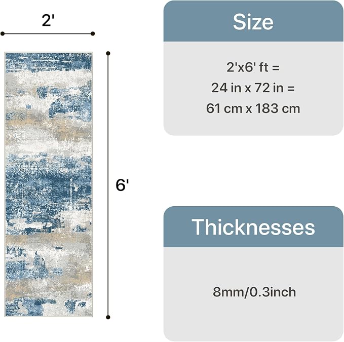 GENIMO Runner Rug Non Slip 2x6, Washable Rug Runner for Hallways Kitchen, Abstract Modern Kitchen Rugs, Low Pile Lightweight Carpet Runners for Entryway, Bedroom, Laundry, Sky Blue