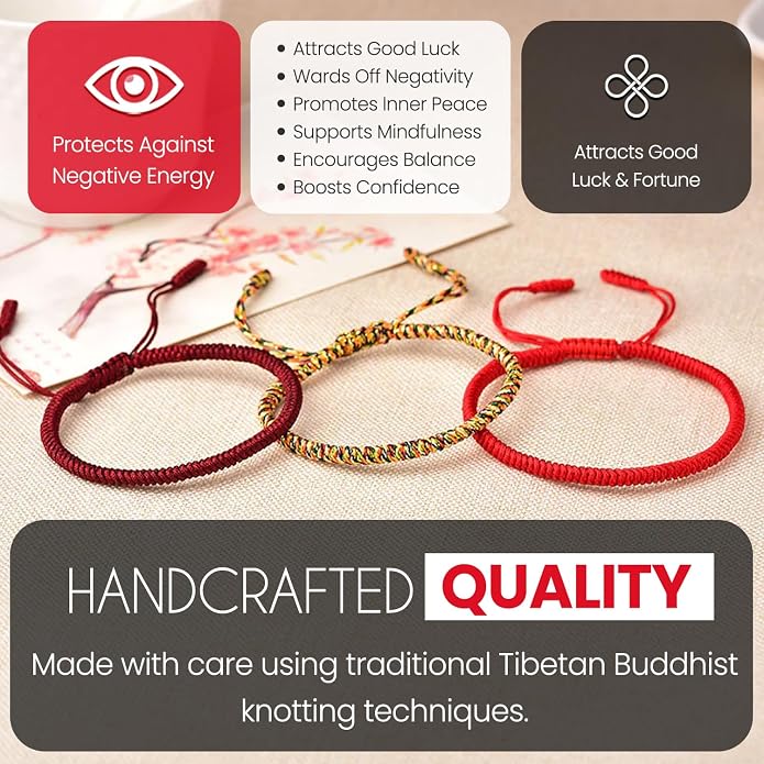 Buddha & Karma Tibetan Lucky Rope Bracelets - Handmade Rope Bracelet with Endless Knot for Mindfulness- Protection Bracelets with Lava Stone Beads to Balance Energy - Adjustable Bracelet for Men & Women