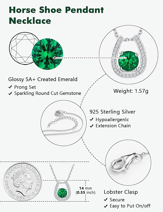925 Sterling Silver Horseshoe Necklace for Women Round Gemstone Birthstone Necklace Sapphire/Emerald/Ruby/CZ Horse Shoe Pendant Necklaces Jewelry Gift
