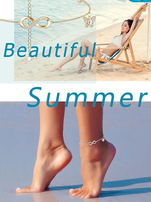 Moissanite Infinity Anklet for Women, Real Authentic 925 Sterling Silver Hypoallergenic, Beautiful Summer Jewelry, Dainty Ankle Bracelet, 8.6-10.6inch (21-26cm) Adjustable