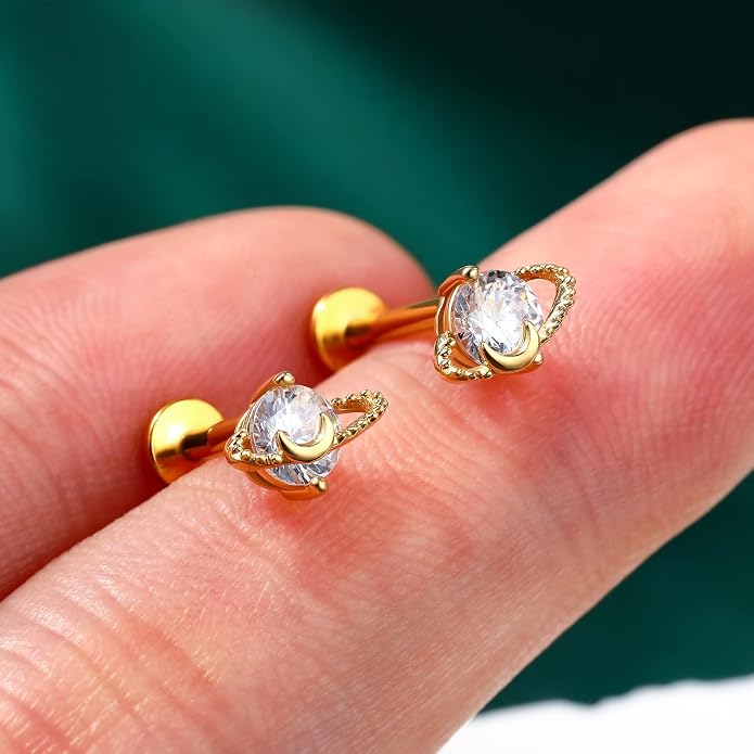 Cocharm 14K Solid Gold Cartilage Earring - Planet Yellow Gold Flat Back Helix Stud, 16g